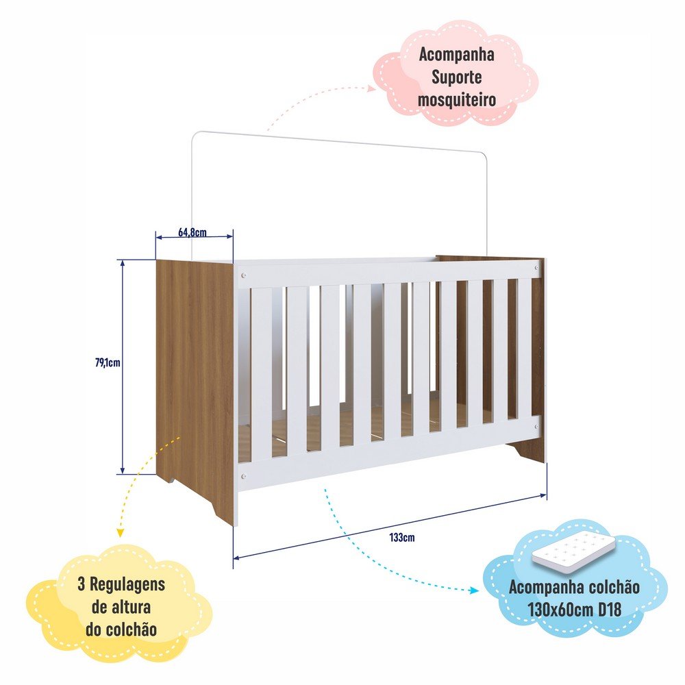 Berço 3 em 1 com Colchão Linha Aconchego 133cm Nogal Manchester La013 Completa Móveis - 8
