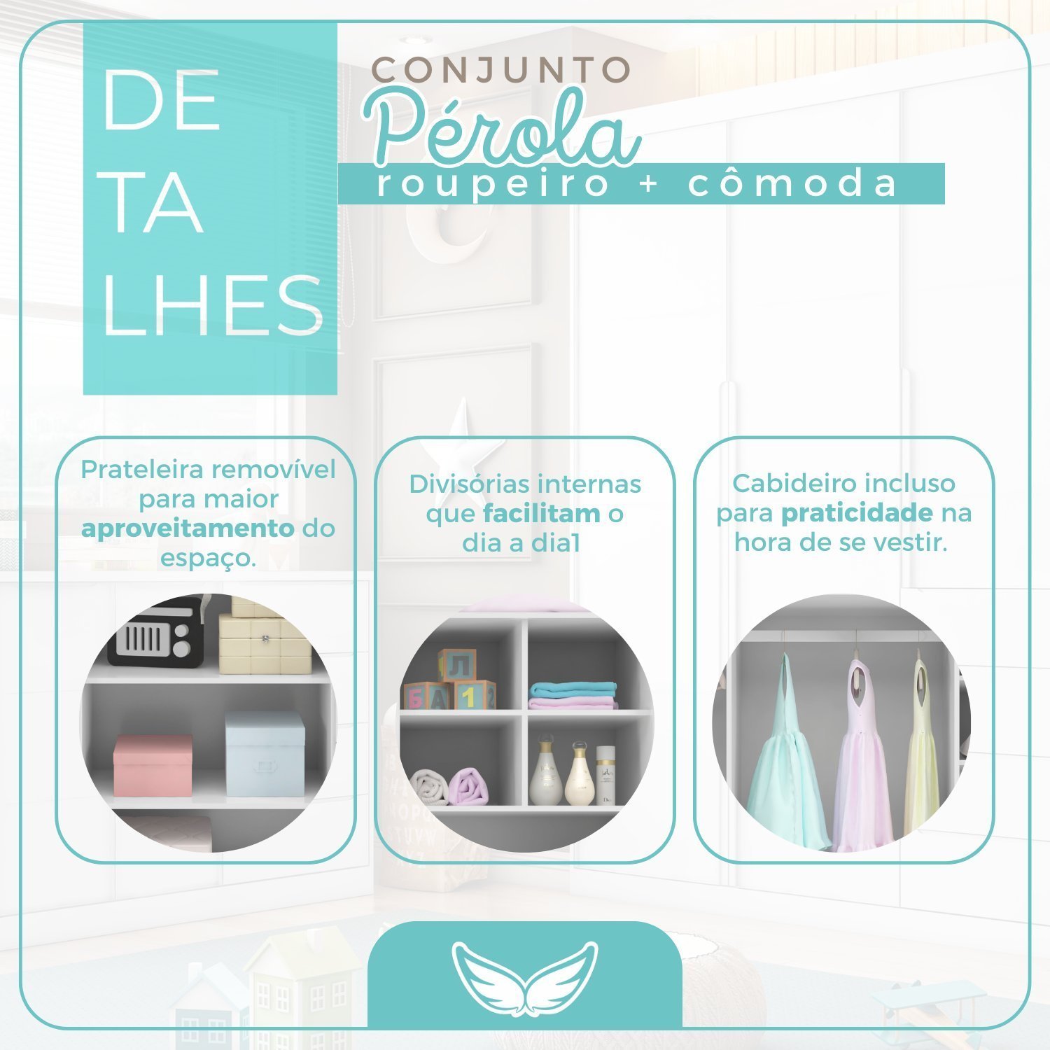 Quarto Infantil Completo Roupeiro e Cômoda 4 Gavetas Pérola  - 6