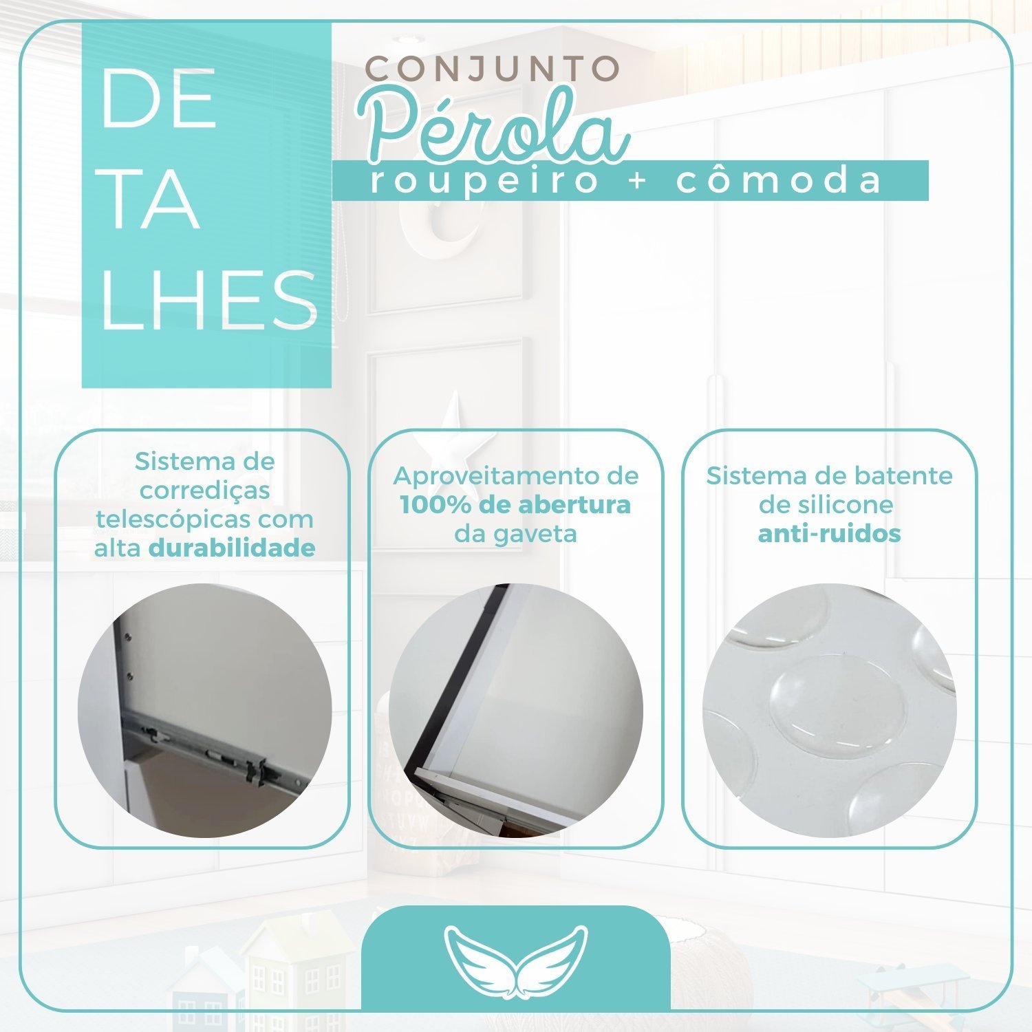 Quarto Infantil Completo Roupeiro e Cômoda 4 Gavetas Pérola  - 5