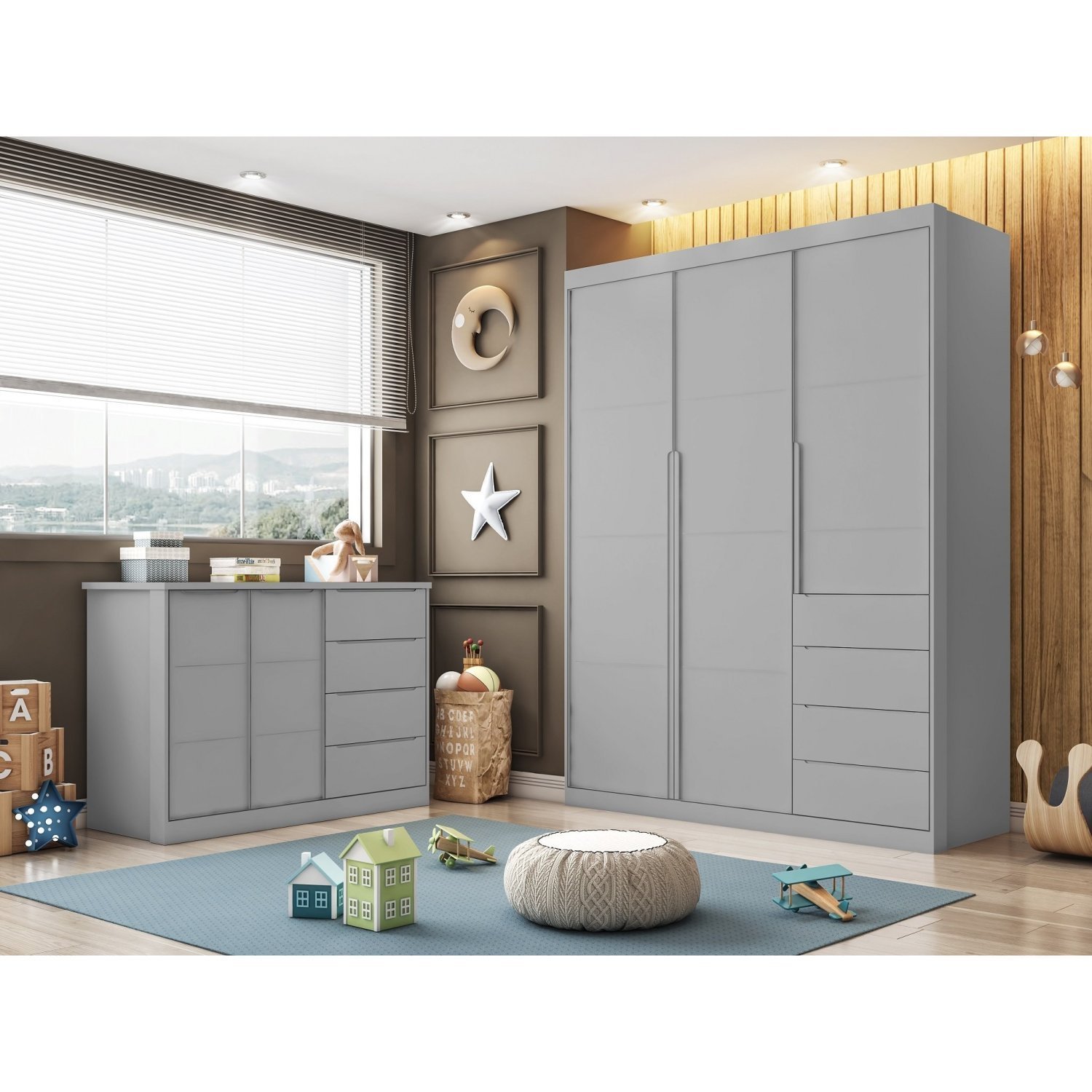 Quarto Infantil Completo Roupeiro e Cômoda 4 Gavetas Pérola  - 1