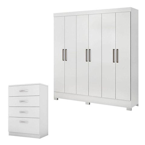 Cômoda Astral e Guarda Roupa Casal Prático Branco - Demóbile