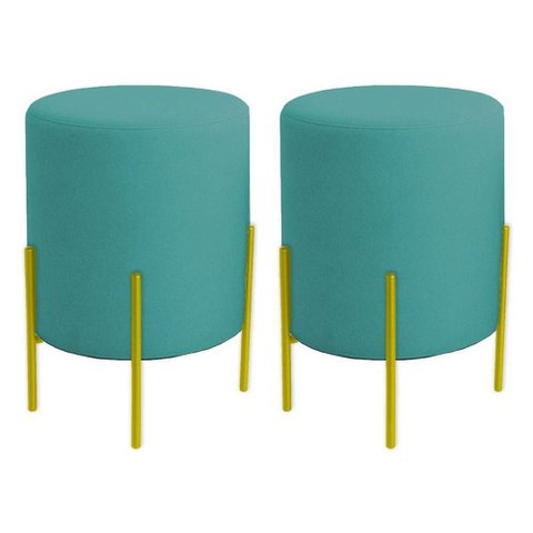 Kit 2 Puffs Orgânicos Veludo Thor com Pés de Ferro Dourado - 7 Decor Azul Turquesa