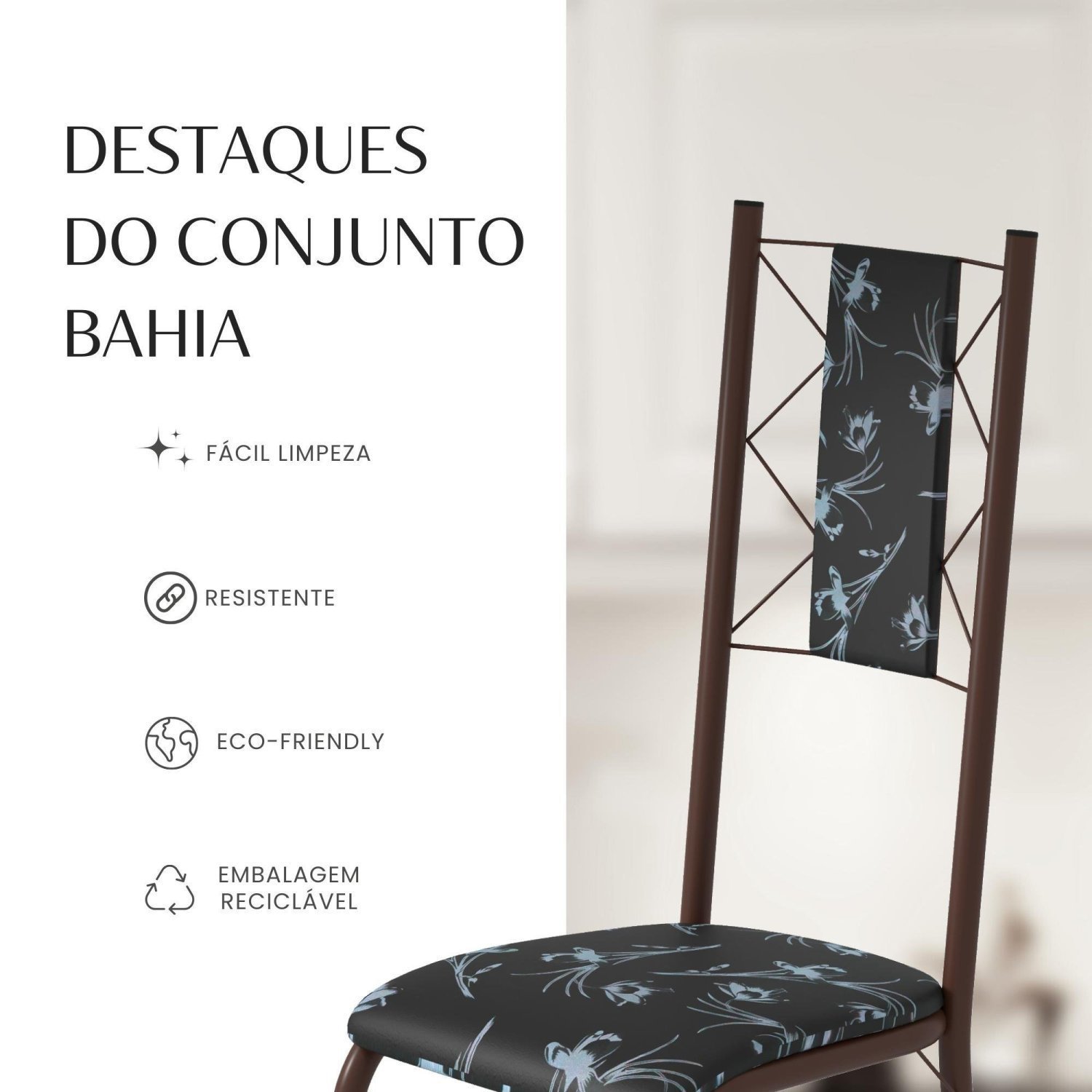 Conjunto Sala de Jantar Bahia Mesa Tubo 120x75cm Tampo Pedra Granito Topázio com 4 Cadeiras - 10