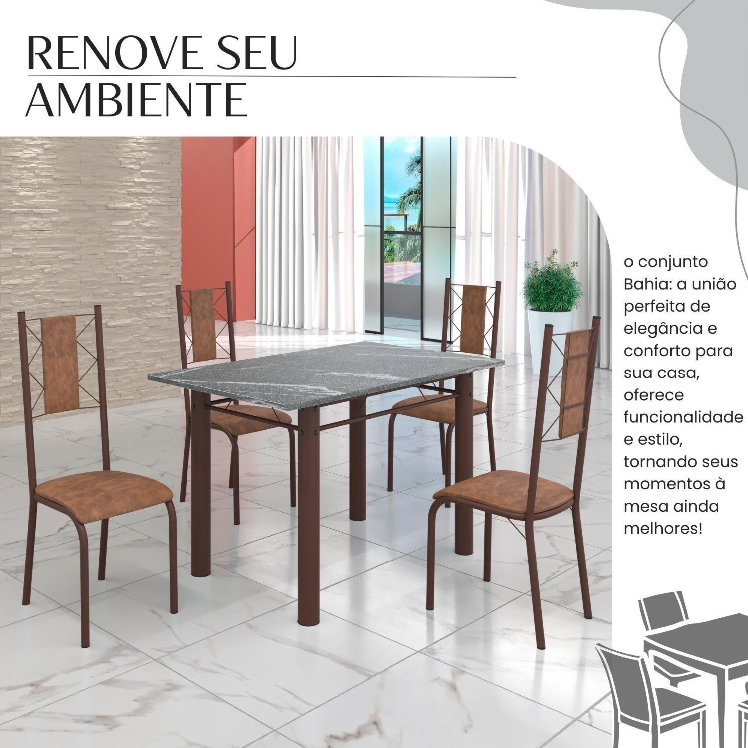 Conjunto Sala de Jantar Bahia Mesa Tubo 3" 120x75 Tampo Pedra Granito Topázio com 4 Cadeiras - 6