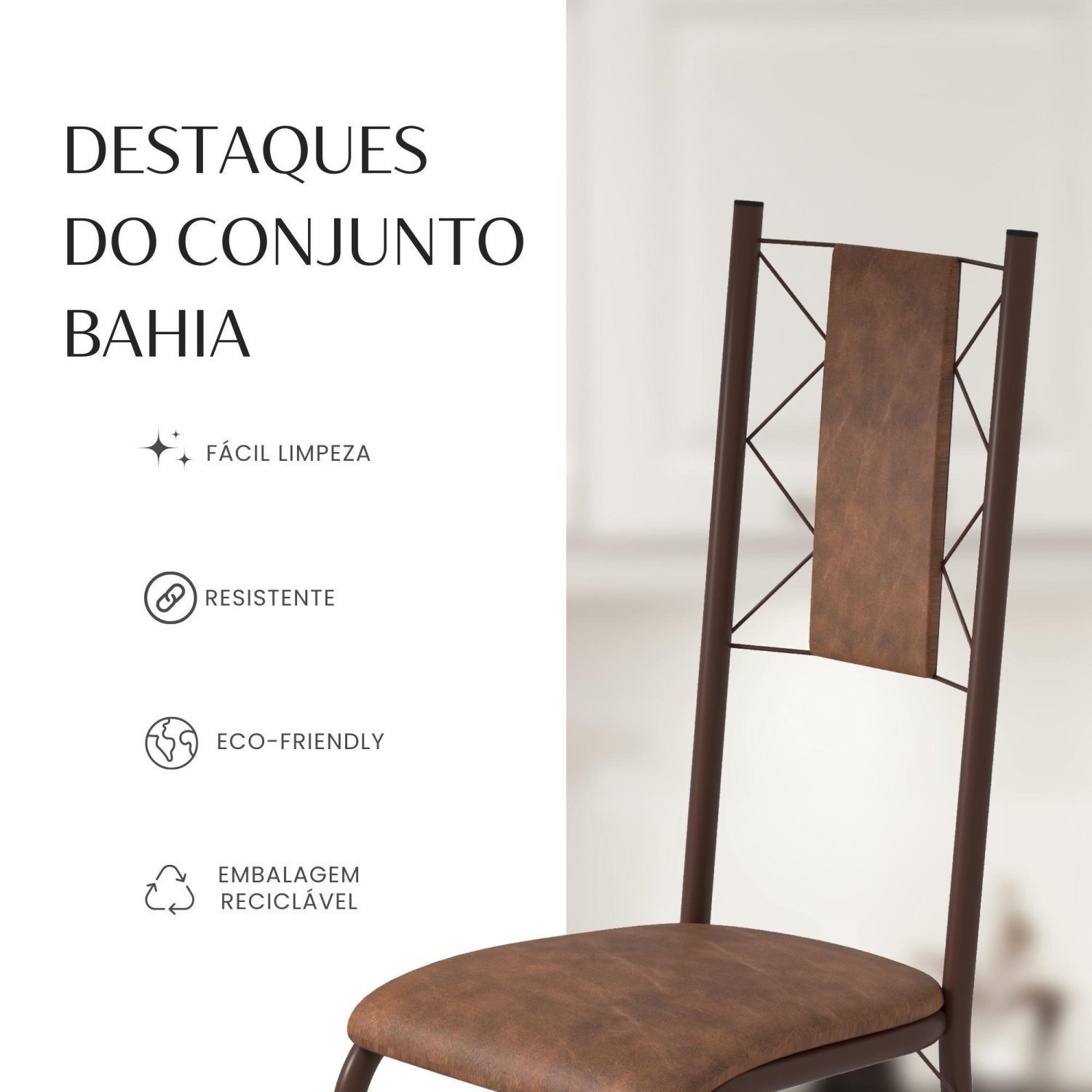 Conjunto Sala de Jantar Bahia Mesa Tubo 3" 120x75 Tampo Pedra Granito Topázio com 4 Cadeiras - 10
