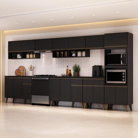 Cozinha Completa Atlanta Capital 17 Portas 3 Gavetas MDP 390cm Preto Touch