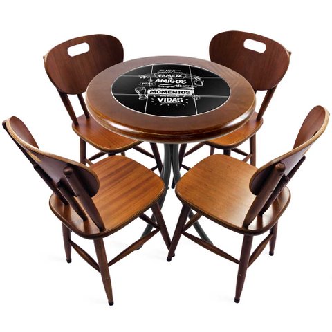 Cj Mesa Madeira Azulejo 60cm - Bistrô Fixa 78cm + 4 Cadeiras 43 - Natural - Família e Amigos
