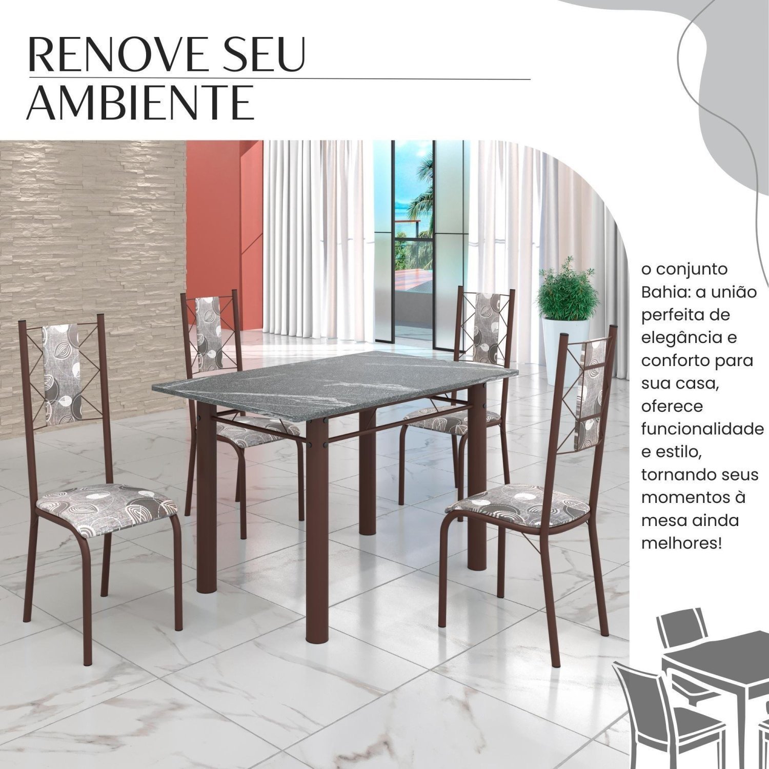 Conjunto Sala de Jantar Bahia Mesa Tubo 120x75cm Tampo Pedra Granito Topázio com 4 Cadeiras - 6
