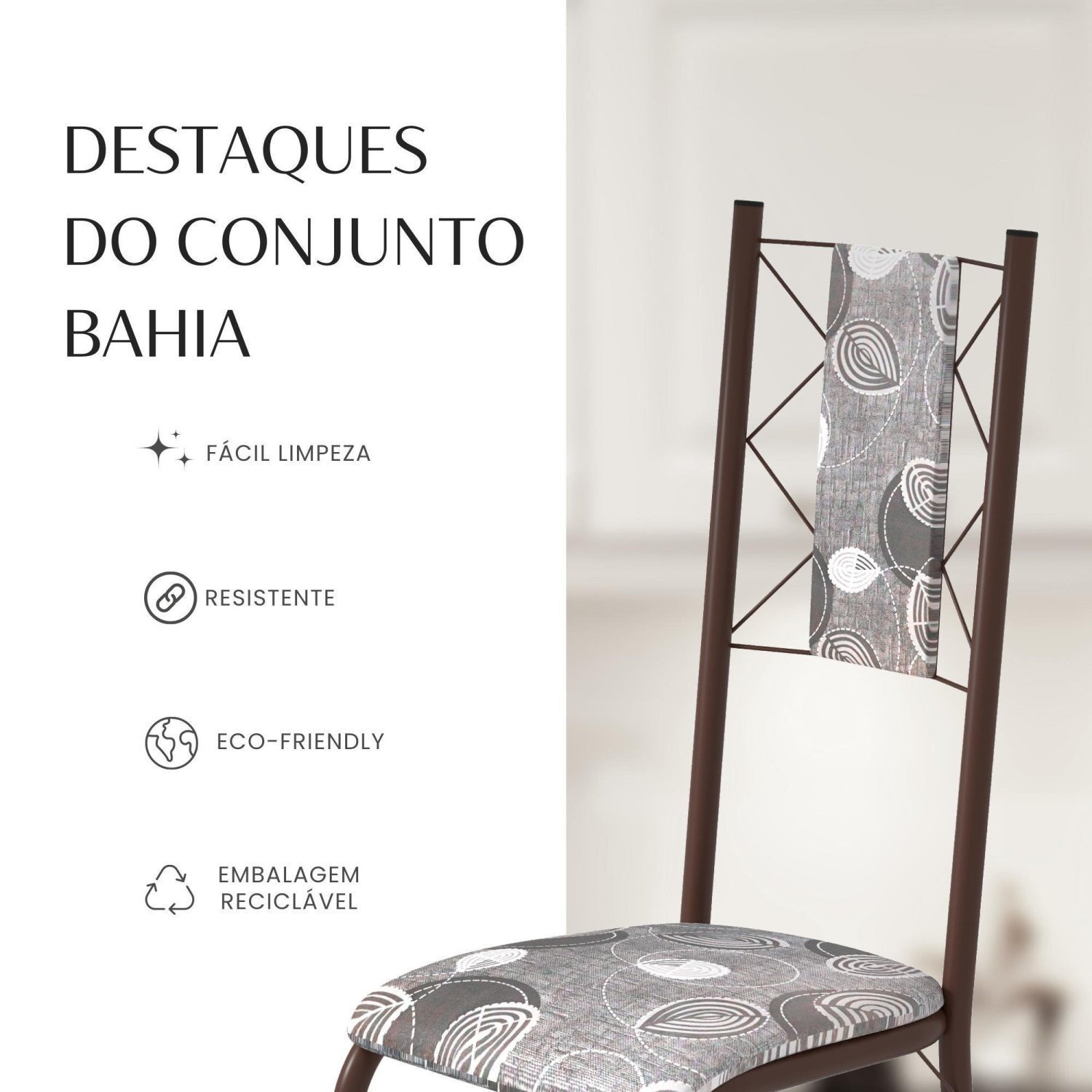 Conjunto Sala de Jantar Bahia Mesa Tubo 120x75cm Tampo Pedra Granito Topázio com 4 Cadeiras - 10