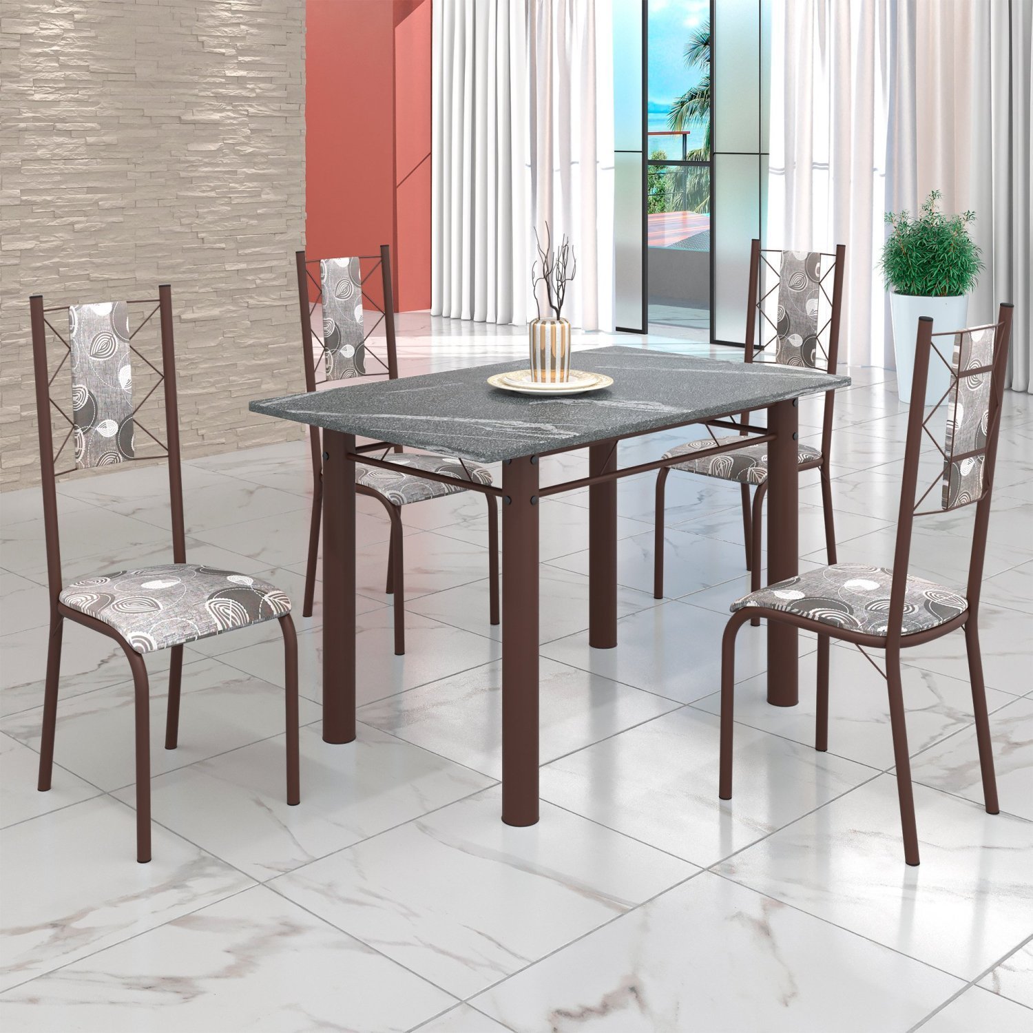 Conjunto Sala de Jantar Bahia Mesa Tubo 120x75cm Tampo Pedra Granito Topázio com 4 Cadeiras - 1