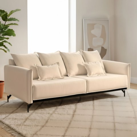 Sofá Living 2 Lugares 220cm com Base de Ferro Tecido Boulé Acácia Bege/Preto