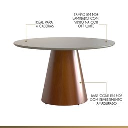 Mesa de Jantar Redonda para 4 Lugares 120cm Liz Base Cone Amadeirado Tampo Vidro Off White Ccs - 2