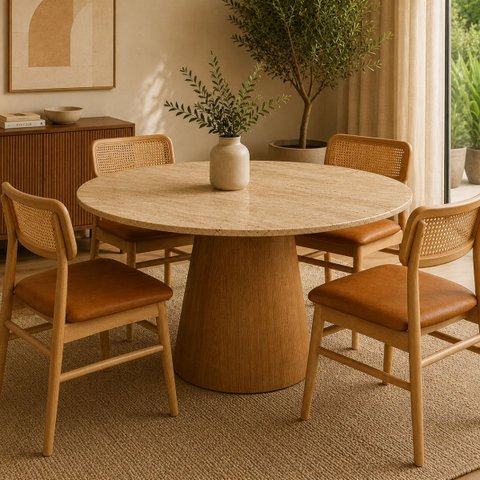 Mesa de Jantar Cone Redondo 100 cm Tampo Mármore Travertino Base Freijó