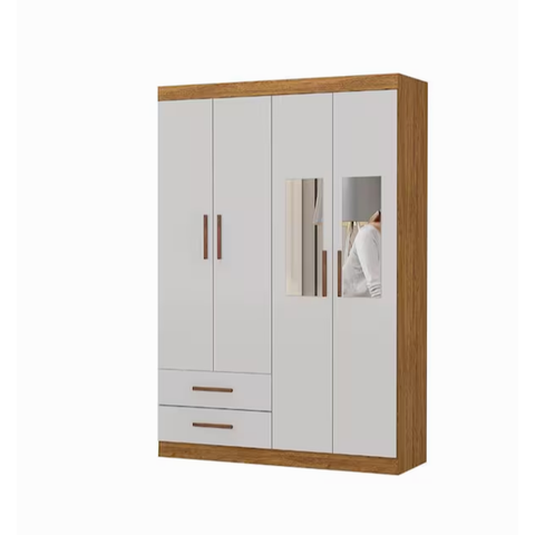 Guarda Roupa Solteiro com Espelho 4 Portas 2 Gavetas 118cm Hercúles Cinamomo/Off White - Carioca Móveis
