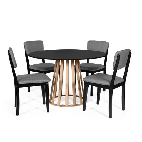 Mesa de Jantar Redonda Gabi Pret/jade com 4 Cadeiras Estofadas Ella Preto/cinza Escuro