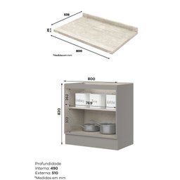 Balcão para Cozinha 2 Portas 80cm X 84,5cm com Tampo Emily Espresso Móveis - 3