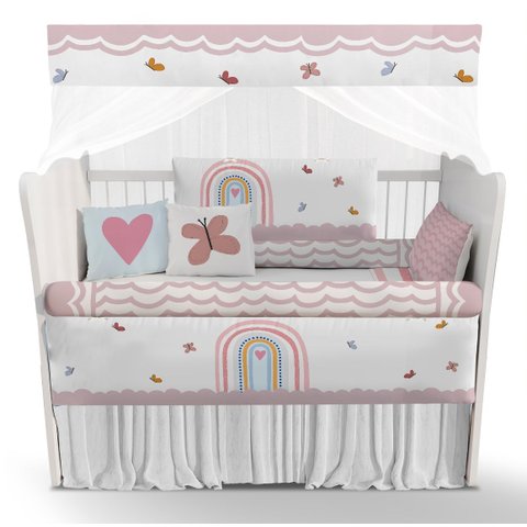 Kit Berço Enxoval de Bebê Arco Íris Rosa Borboletas - Kt569