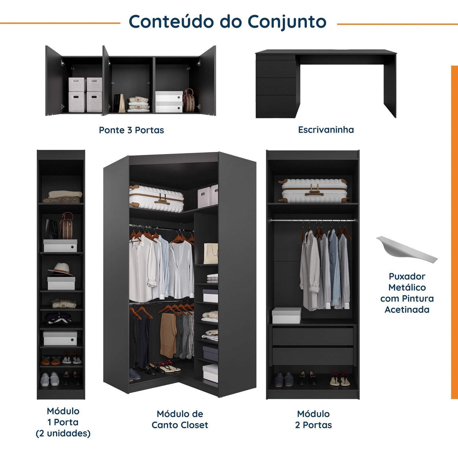 Guarda Roupa Modulado de Canto 9 Portas 5 Peças com Escrivaninha Hera CabeCasa MadeiraMadeira - 3