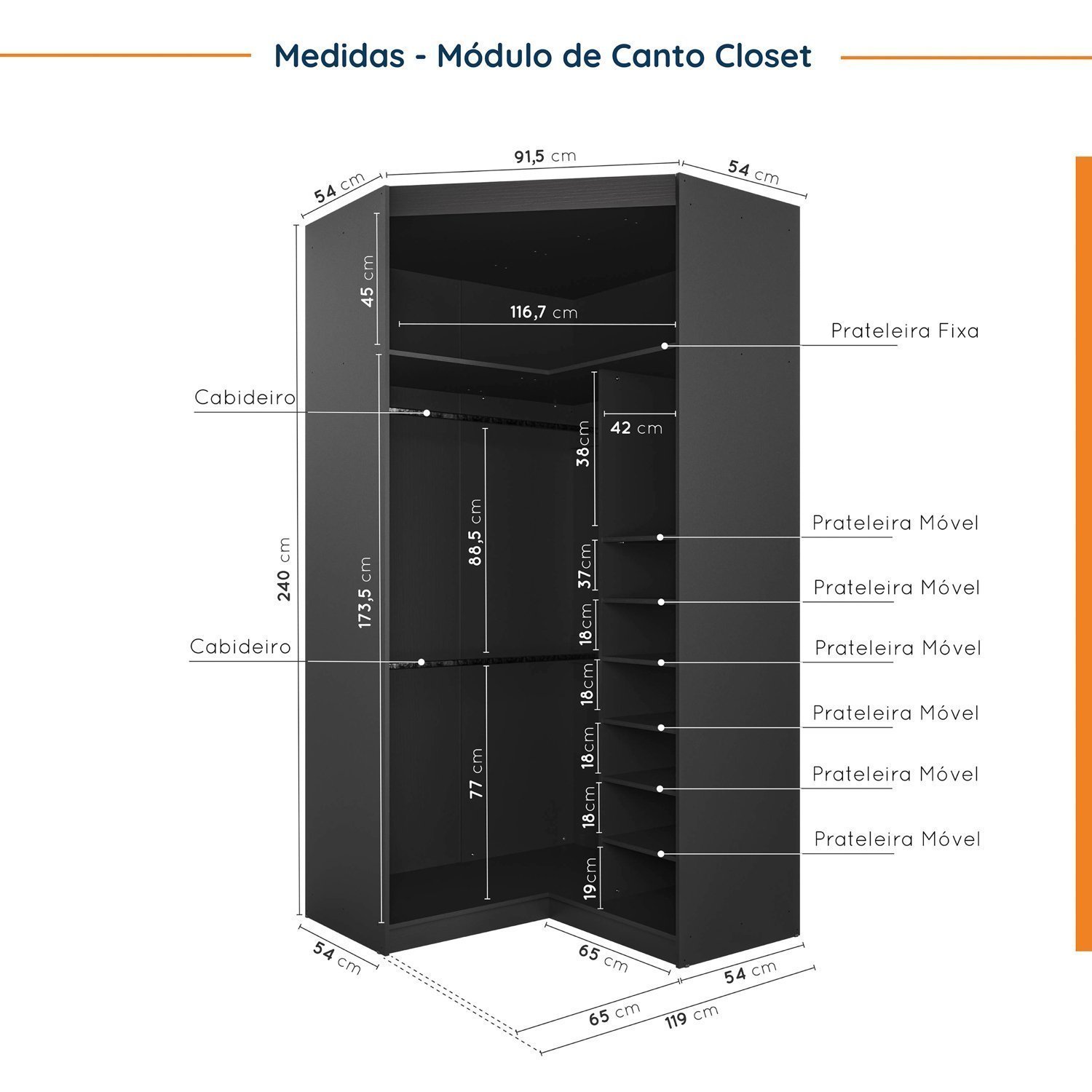 Guarda Roupa Modulado de Canto 9 Portas 5 Peças com Escrivaninha Hera CabeCasa MadeiraMadeira - 12