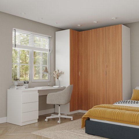 Guarda Roupa Modulado 4 Portas 3 Peças com Escrivaninha Hera CabeCasa MadeiraOriginals Branco/Algodão/Louro/Cromado
