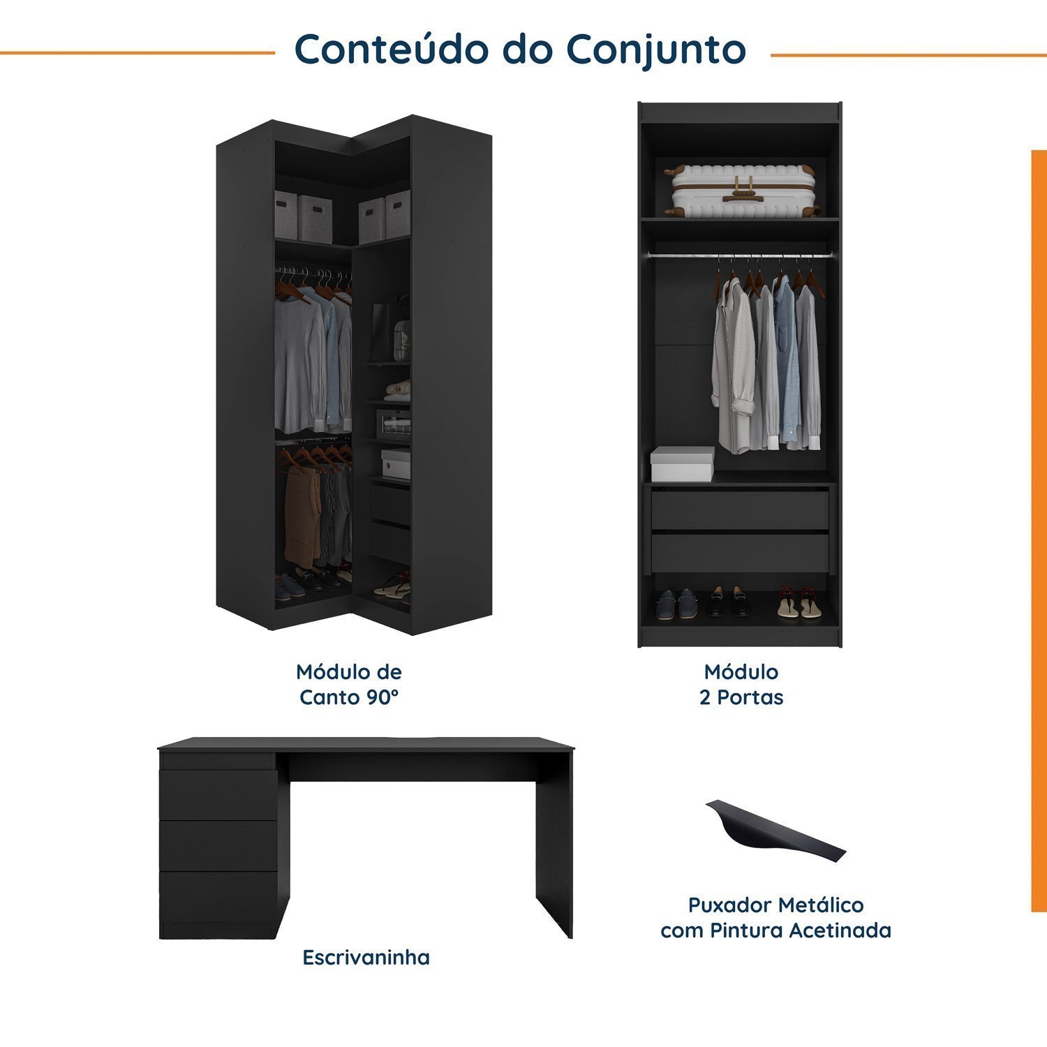 Guarda Roupa Modulado 4 Portas 3 Peças com Escrivaninha Hera CabeCasa MadeiraMadeira - 3