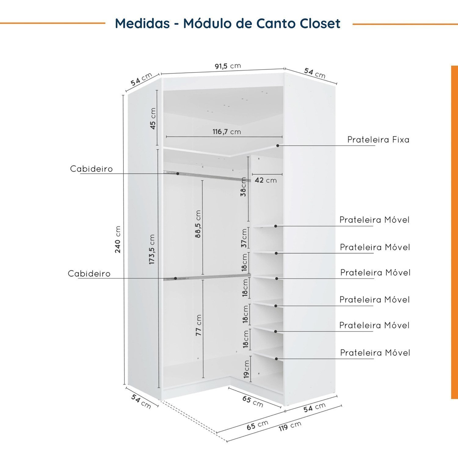 Guarda Roupa Modulado de Canto 9 Portas 5 Peças com Escrivaninha Hera CabeCasa MadeiraMadeira - 12