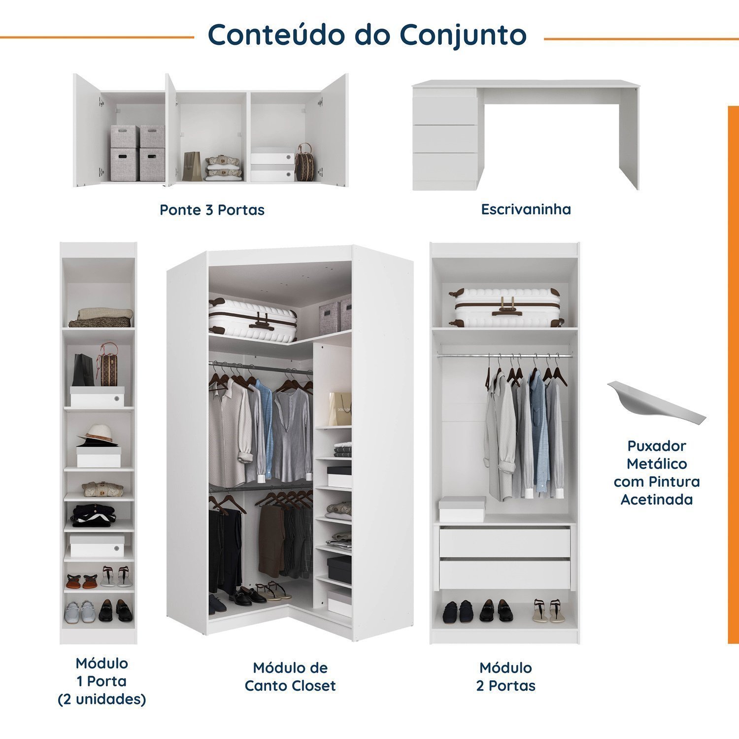 Guarda Roupa Modulado de Canto 9 Portas 5 Peças com Escrivaninha Hera CabeCasa MadeiraMadeira - 3