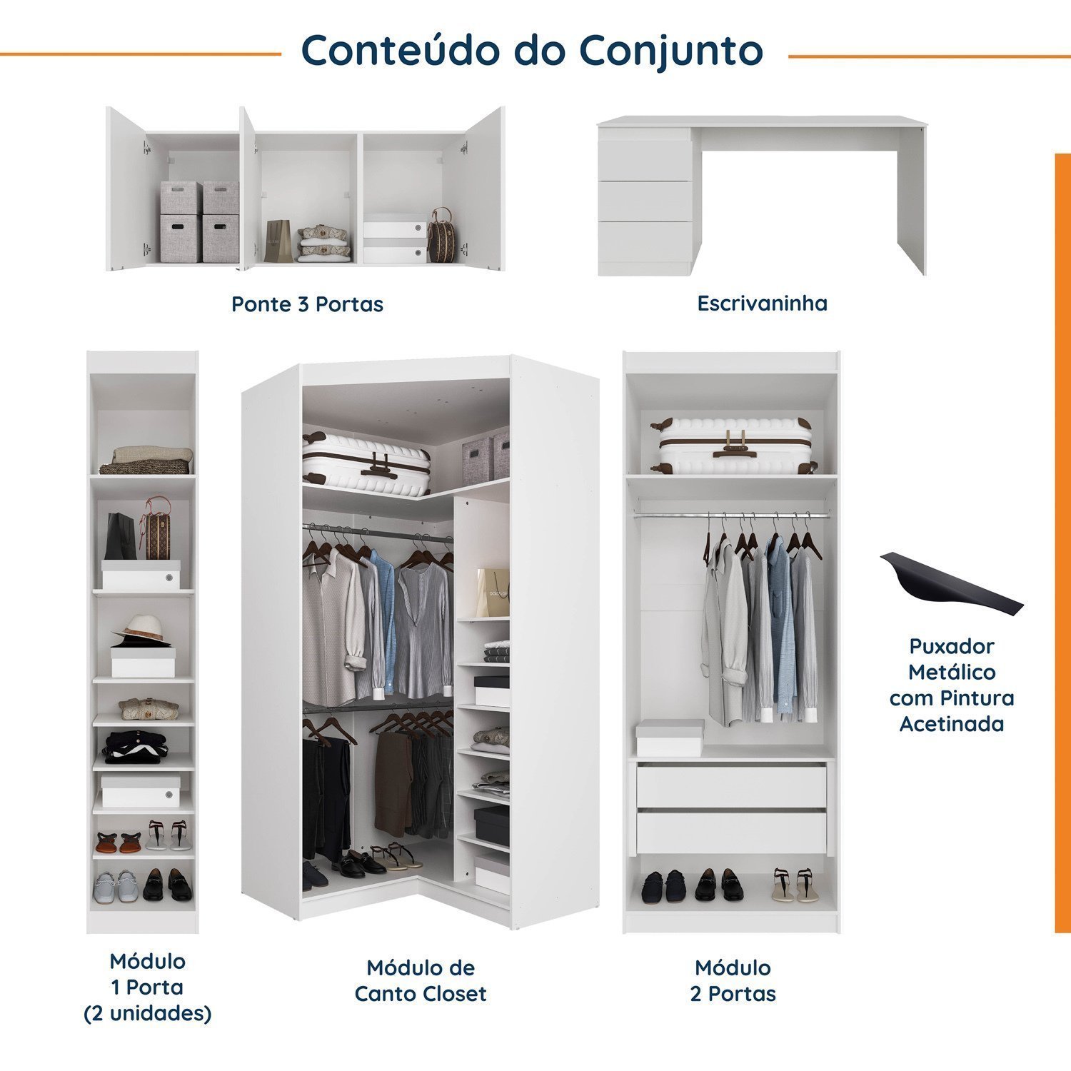 Guarda Roupa Modulado de Canto 9 Portas 5 Peças com Escrivaninha Hera CabeCasa MadeiraMadeira - 3