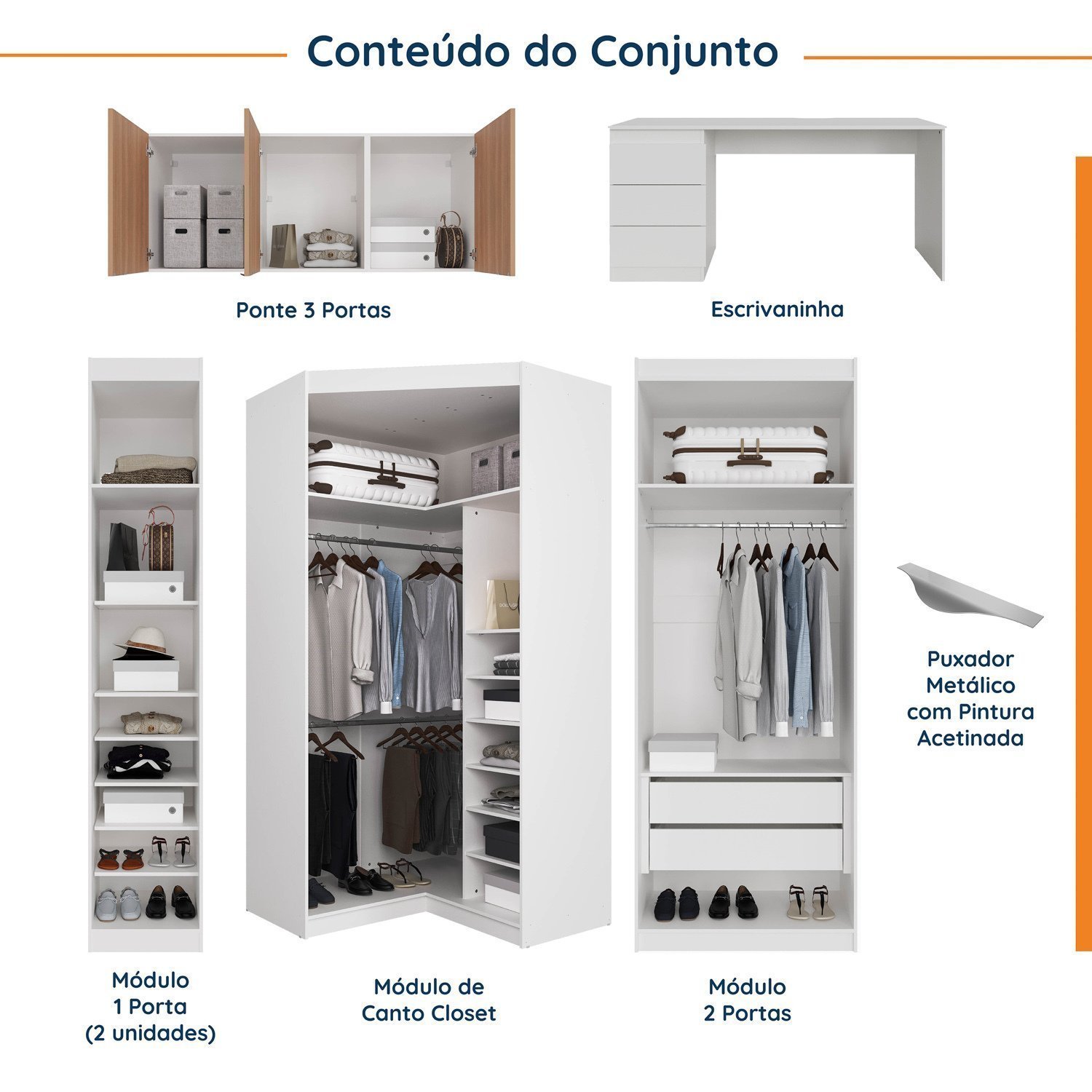 Guarda Roupa Modulado de Canto 9 Portas 5 Peças com Escrivaninha Hera CabeCasa MadeiraMadeira - 3