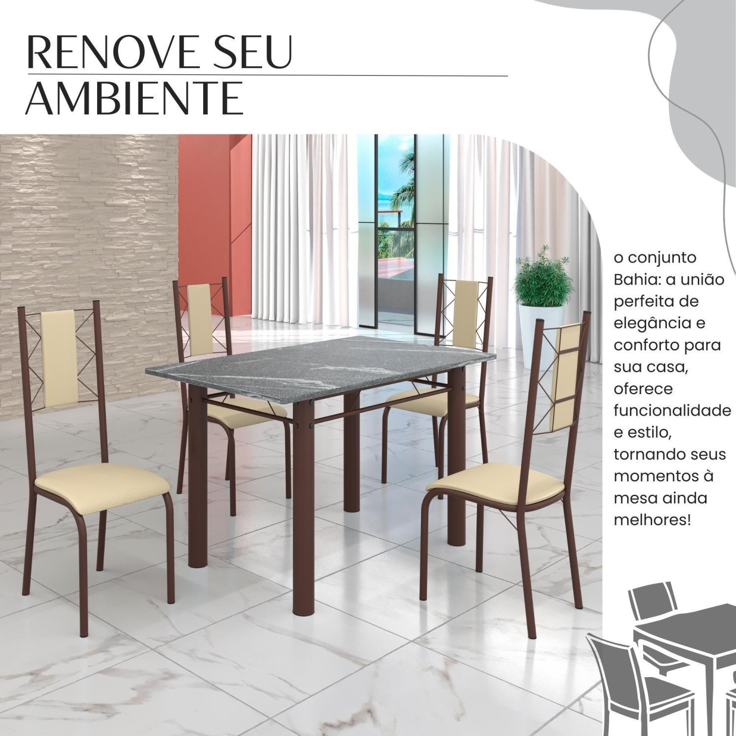 Conjunto Sala de Jantar Bahia Mesa Tubo 120x75cm Tampo Pedra Granito Topázio com 4 Cadeiras - 6