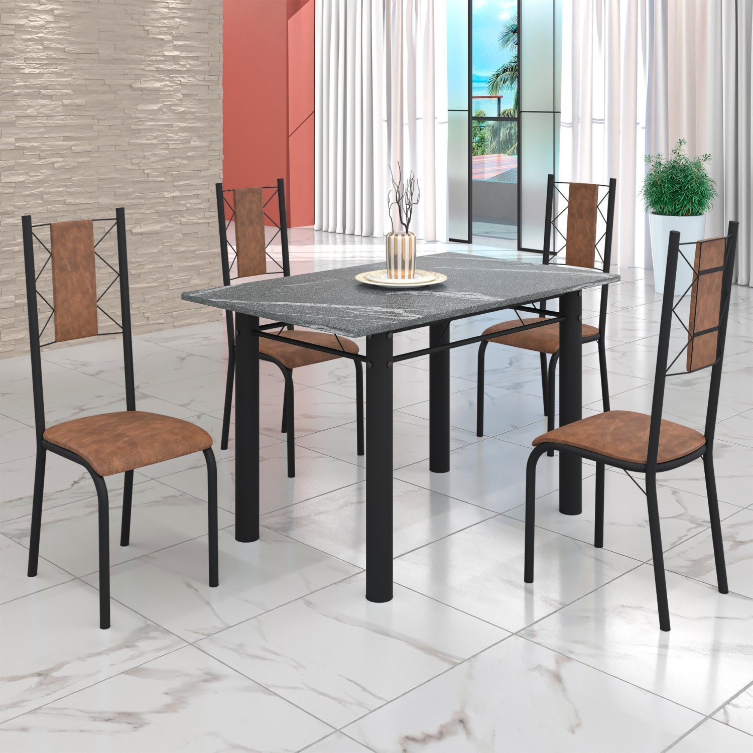 Conjunto Sala de Jantar Bahia Mesa Tubo 120x75cm Tampo Pedra Granito Topázio com 4 Cadeiras - 1