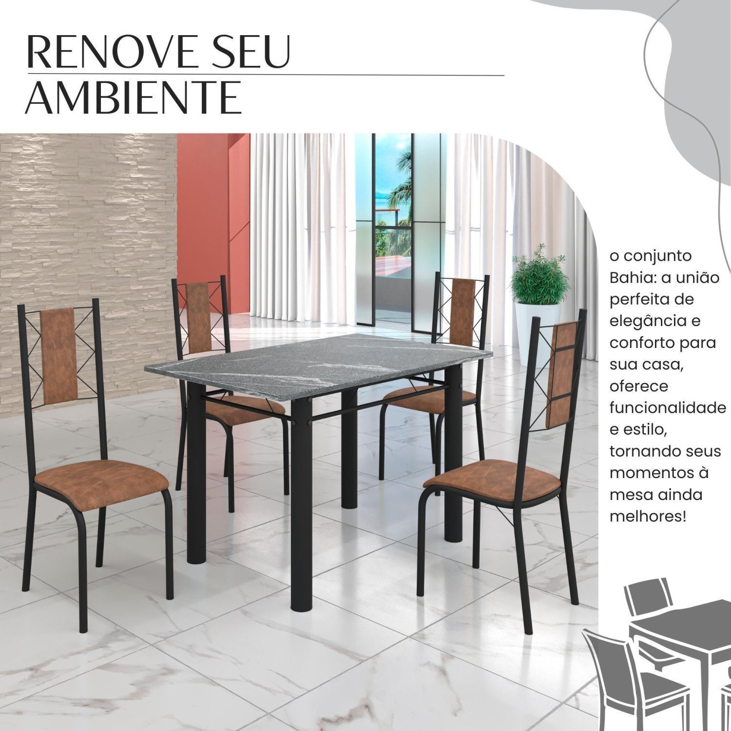 Conjunto Sala de Jantar Bahia Mesa Tubo 120x75cm Tampo Pedra Granito Topázio com 4 Cadeiras - 6