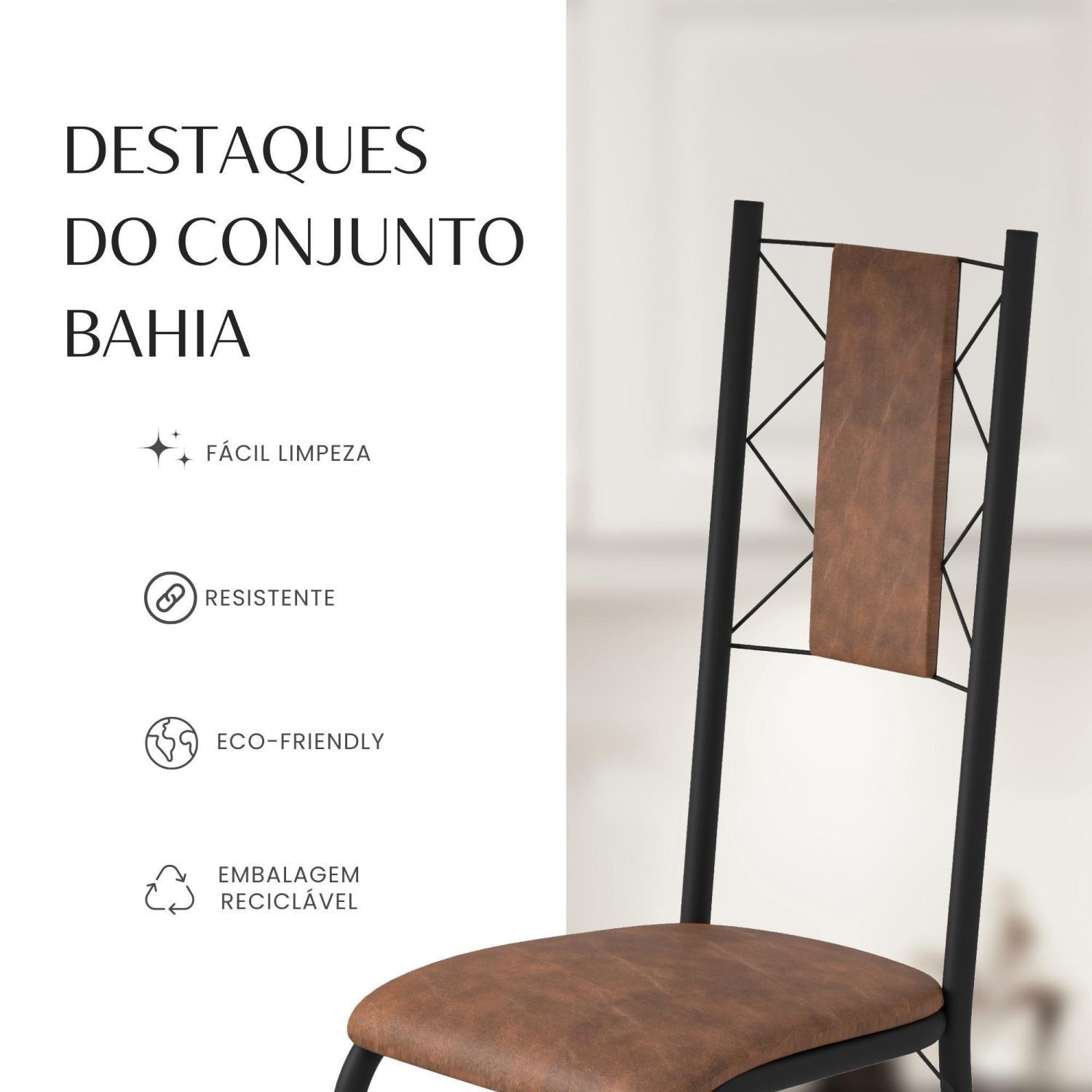 Conjunto Sala de Jantar Bahia Mesa Tubo 120x75cm Tampo Pedra Granito Topázio com 4 Cadeiras - 10
