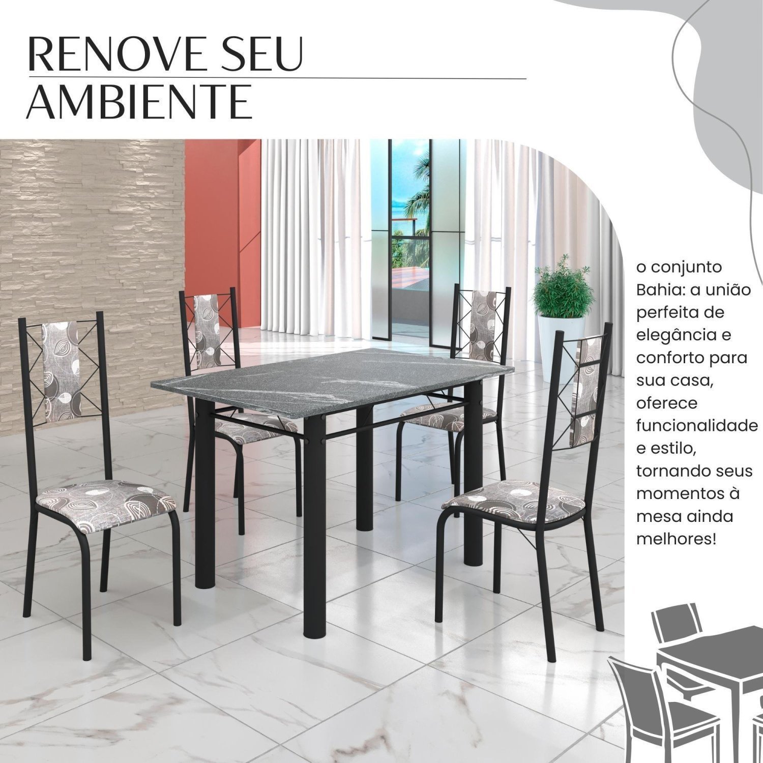 Conjunto Sala de Jantar Bahia Mesa Tubo 120x75cm Tampo Pedra Granito Topázio com 4 Cadeiras - 6