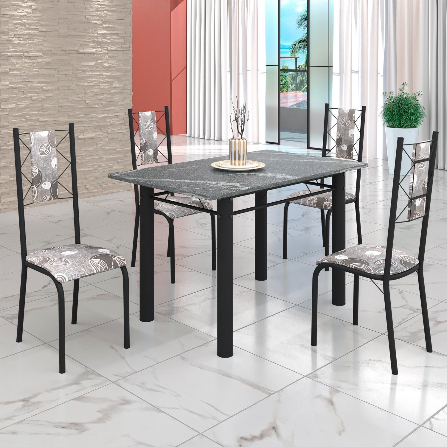 Conjunto Sala de Jantar Bahia Mesa Tubo 120x75cm Tampo Pedra Granito Topázio com 4 Cadeiras - 1