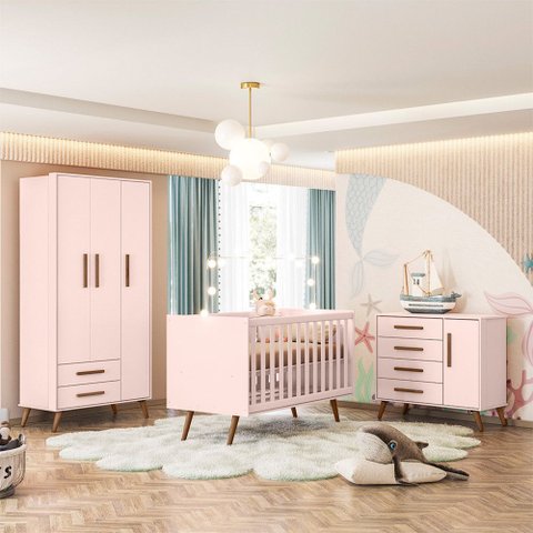 Jogo Quarto Infantil Q Encanto Retrô 3 Peças Berço Cômoda Guarda Roupa Qmovi