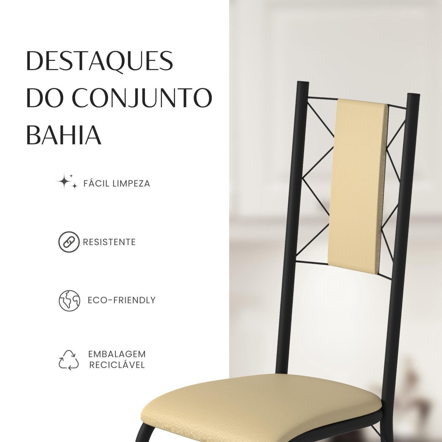 Conjunto Sala de Jantar Bahia Mesa Tubo 120x75cm Tampo Pedra Granito Topázio com 4 Cadeiras - 10