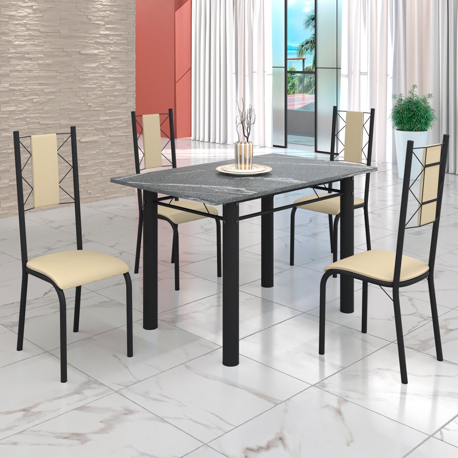 Conjunto Sala de Jantar Bahia Mesa Tubo 120x75cm Tampo Pedra Granito Topázio com 4 Cadeiras - 1