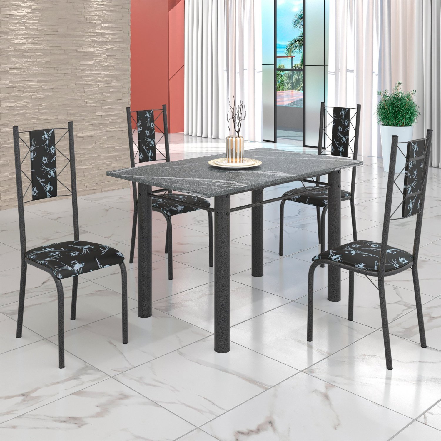 Conjunto Sala de Jantar Bahia Mesa Tubo 120x75cm Tampo Pedra Granito Topázio com 4 Cadeiras - 1