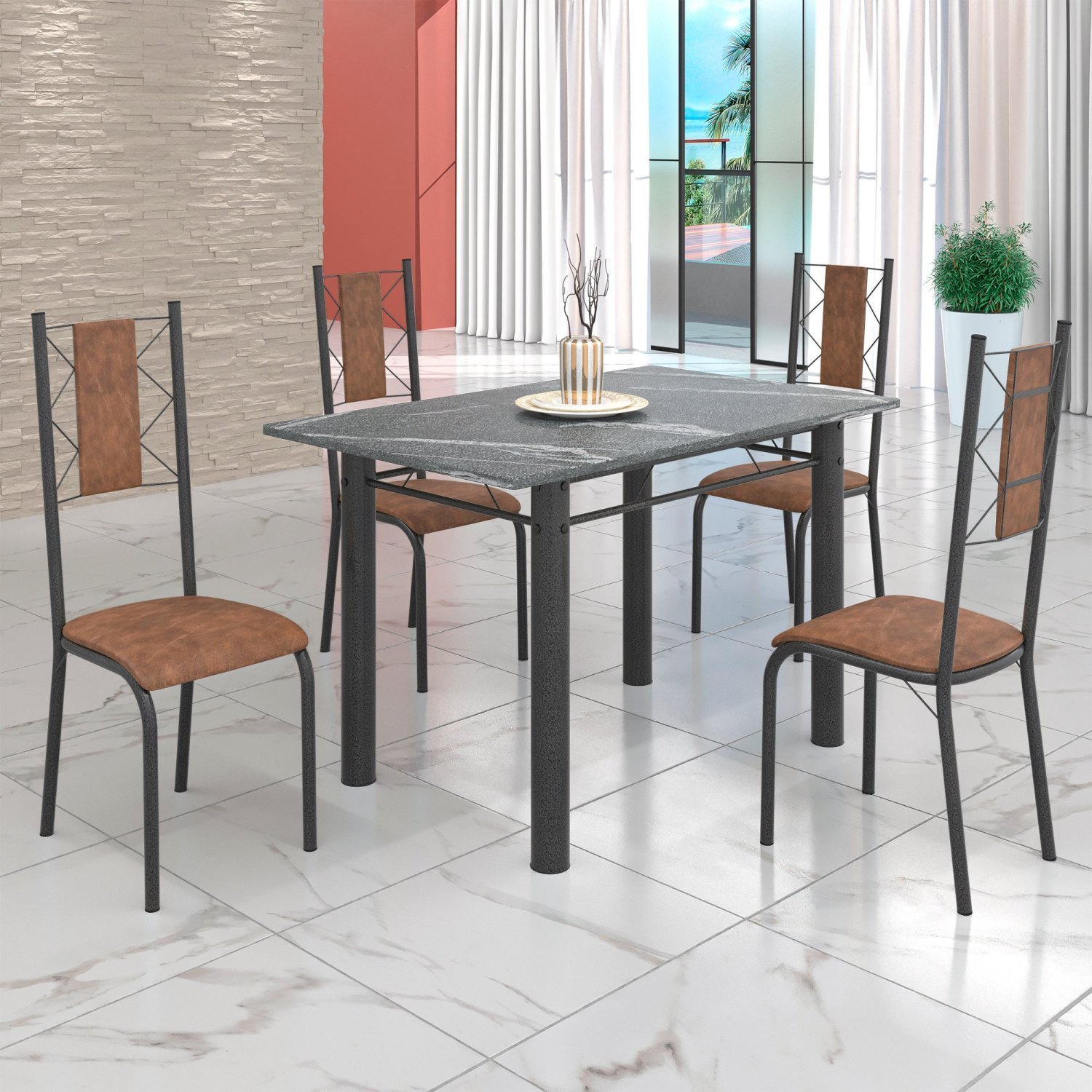 Conjunto Sala de Jantar Bahia Mesa Tubo 120x75cm Tampo Pedra Granito Topázio com 4 Cadeiras - 1