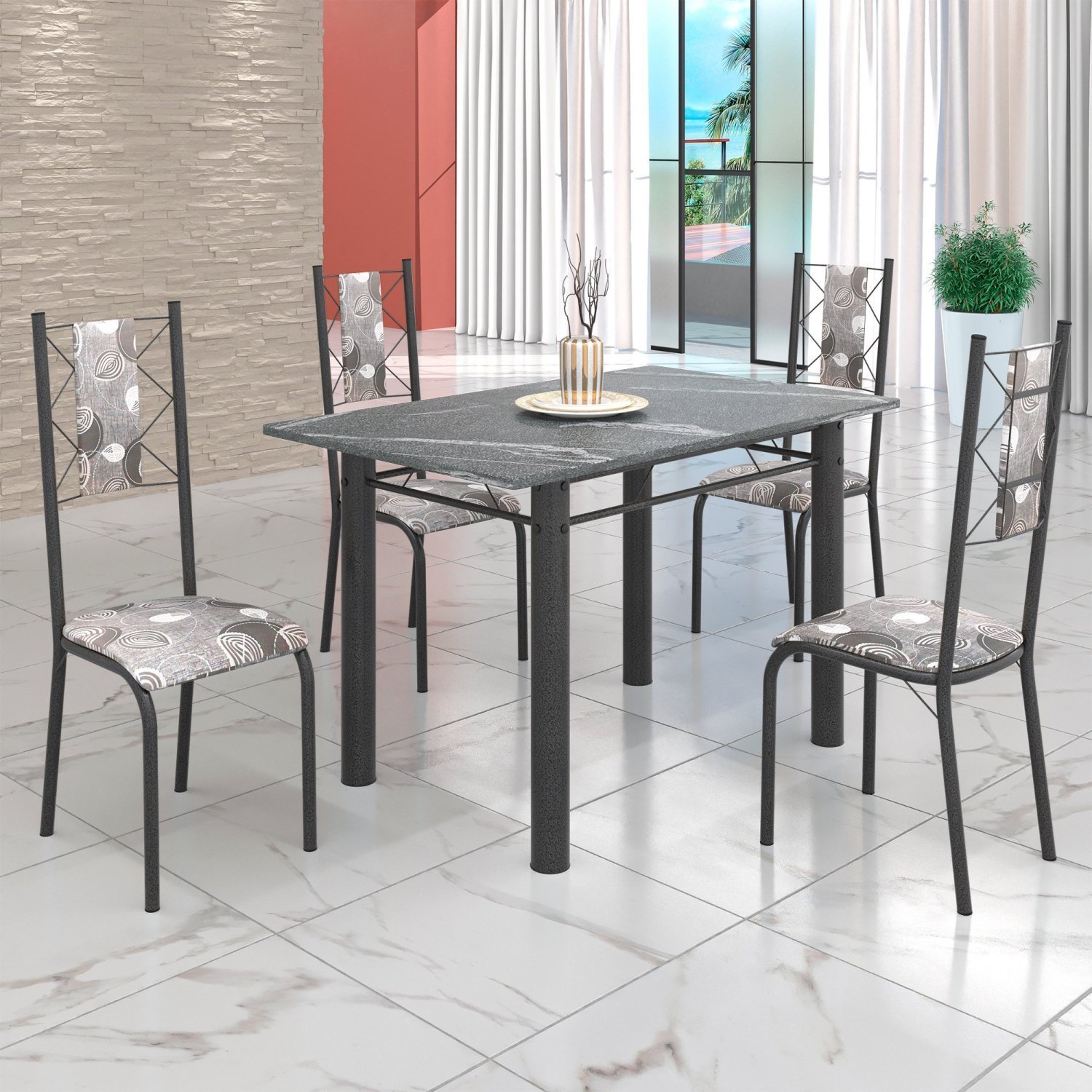 Conjunto Sala de Jantar Bahia Mesa Tubo 120x75cm Tampo Pedra Granito Topázio com 4 Cadeiras - 1