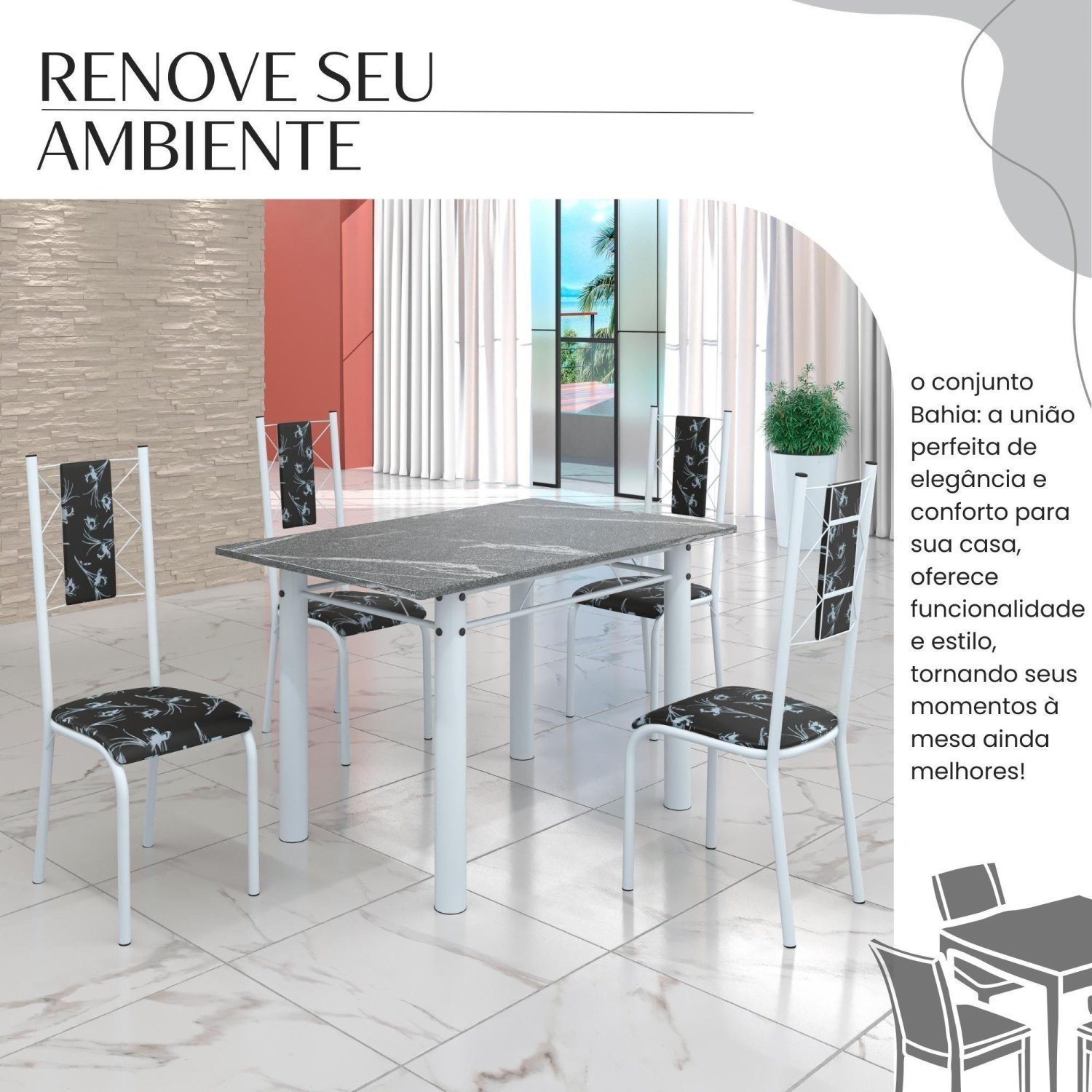 Conjunto Sala de Jantar Bahia Mesa Tubo 120x75cm Tampo Pedra Granito Topázio com 4 Cadeiras - 6