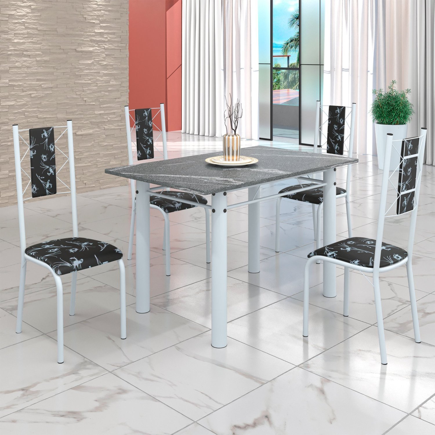 Conjunto Sala de Jantar Bahia Mesa Tubo 120x75cm Tampo Pedra Granito Topázio com 4 Cadeiras - 1
