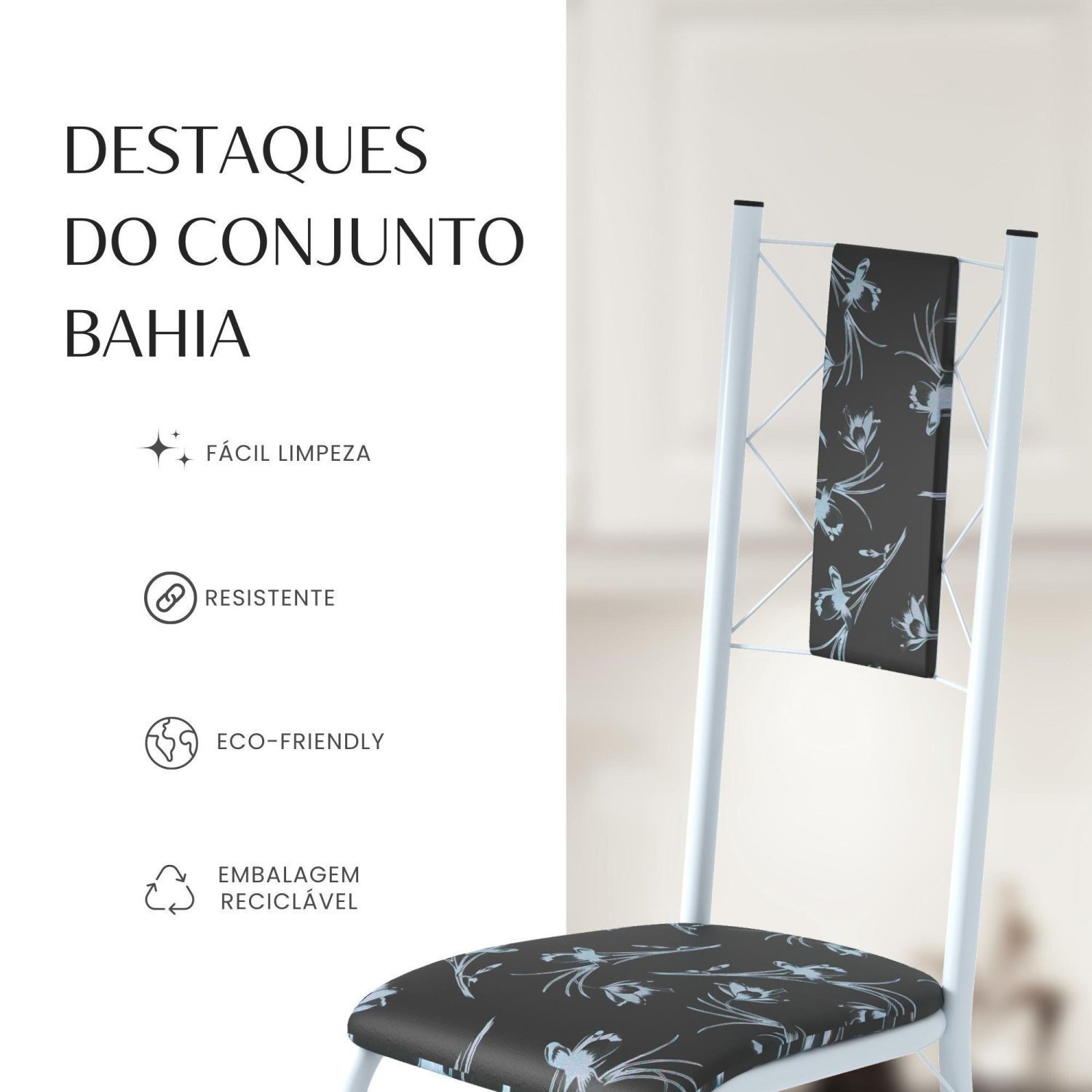 Conjunto Sala de Jantar Bahia Mesa Tubo 120x75cm Tampo Pedra Granito Topázio com 4 Cadeiras - 10