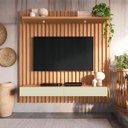 Ver imagem 1 de Painel para TV Ripado 75 Polegadas 183,5cm 100% MDF com Leds Freijó com Off White Pradel Móveis