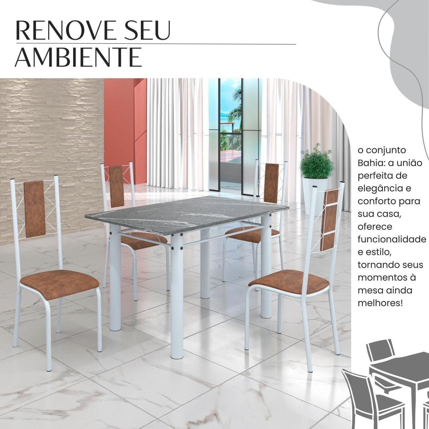 Conjunto Sala de Jantar Bahia Mesa Tubo 120x75cm Tampo Pedra Granito Topázio com 4 Cadeiras - 6