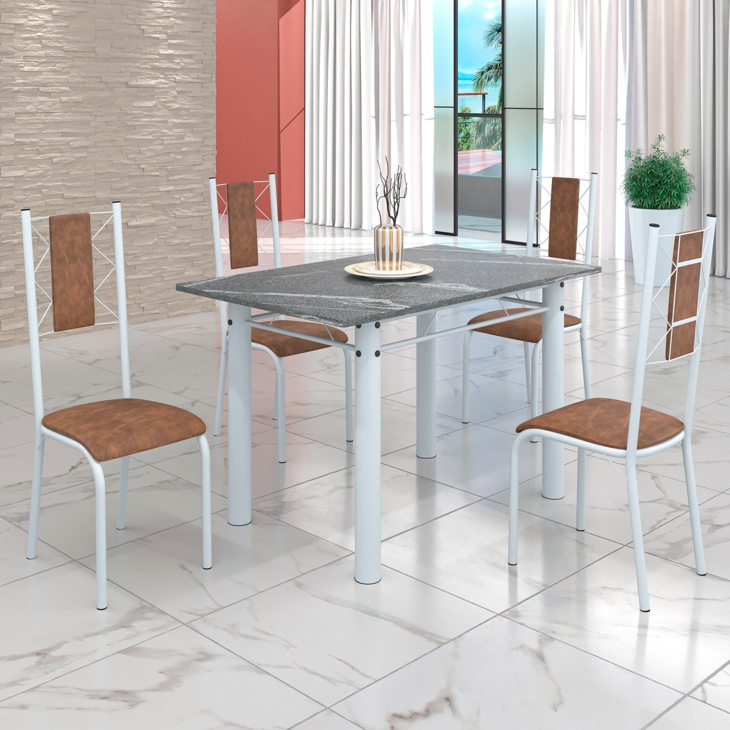 Conjunto Sala de Jantar Bahia Mesa Tubo 120x75cm Tampo Pedra Granito Topázio com 4 Cadeiras - 1