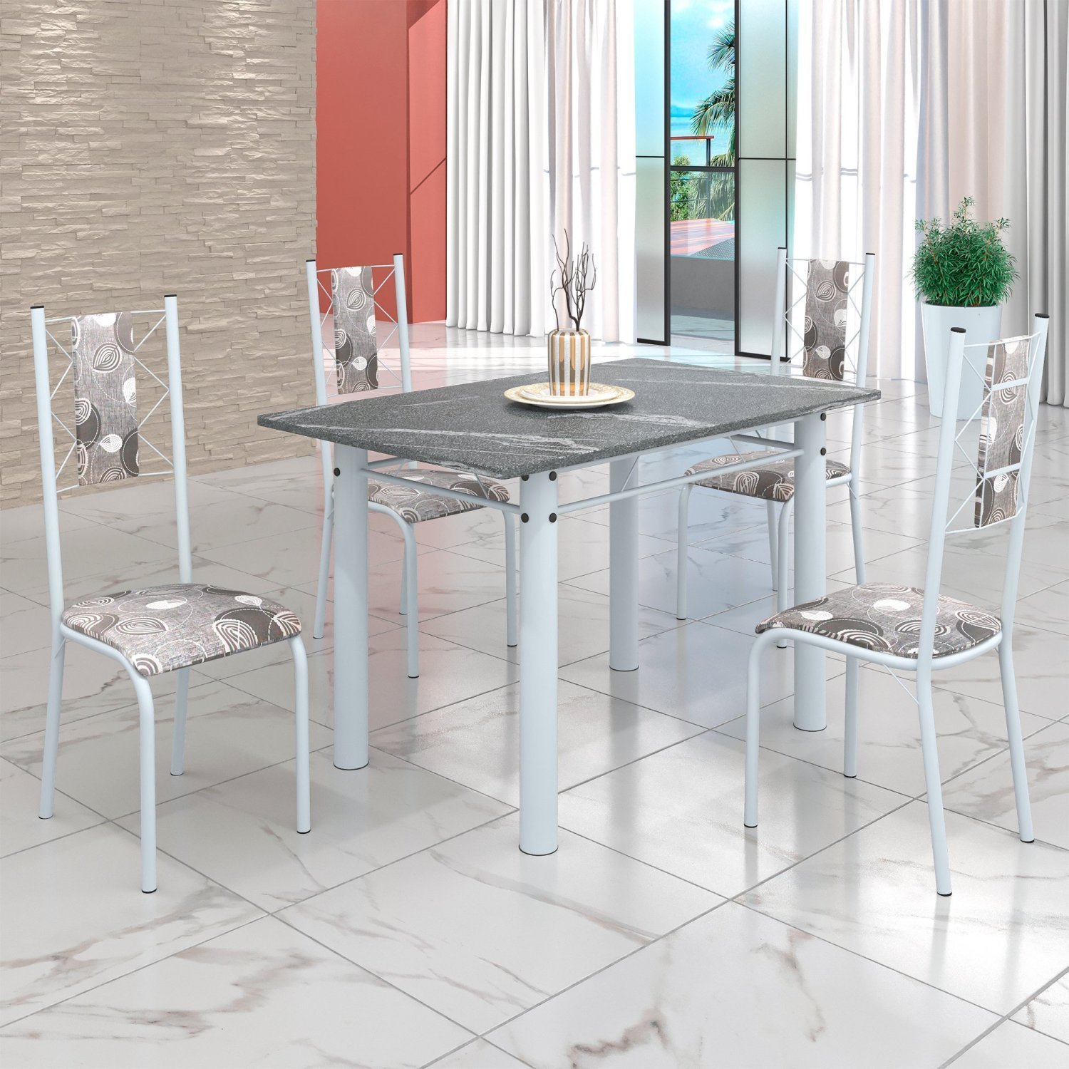 Conjunto Sala de Jantar Bahia Mesa Tubo 120x75cm Tampo Pedra Granito Topázio com 4 Cadeiras - 1