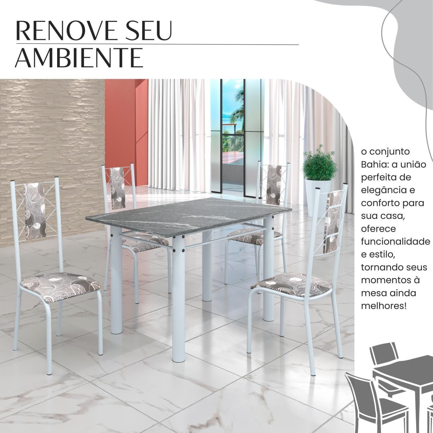 Conjunto Sala de Jantar Bahia Mesa Tubo 120x75cm Tampo Pedra Granito Topázio com 4 Cadeiras - 6