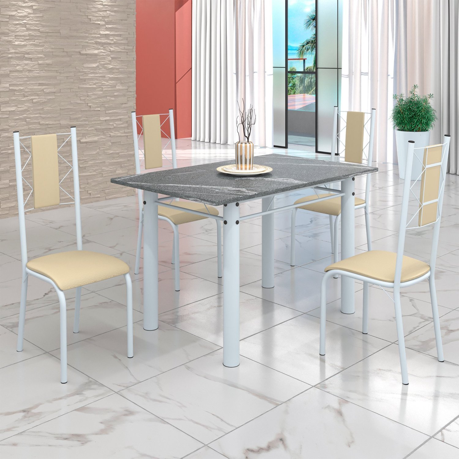 Conjunto Sala de Jantar Bahia Mesa Tubo 120x75cm Tampo Pedra Granito Topázio com 4 Cadeiras - 1